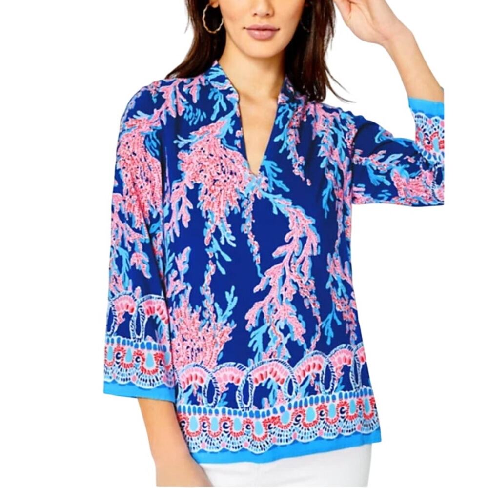 Lilly Pulitzer S The Luna Bay Tunic Popover Borealis Blue Pink Tropical Resort